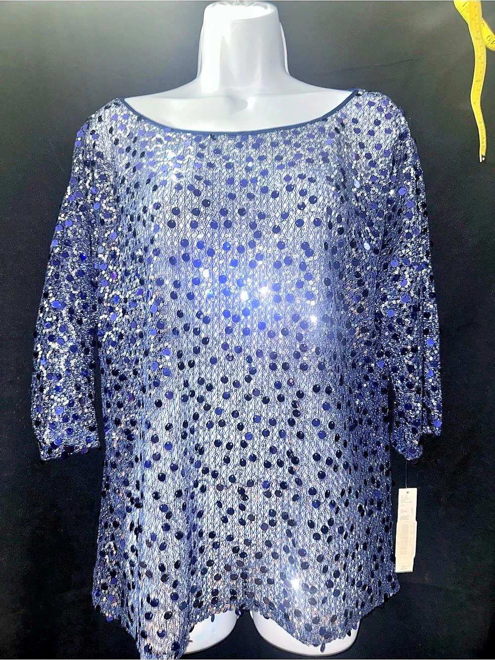 Alex Marie Elegance Sequin Blouse in Blue & Silver Size Large NWT